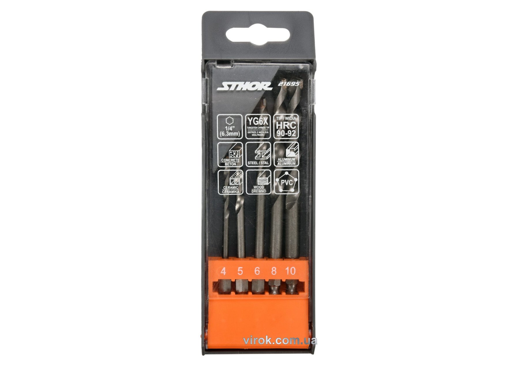 STHOR Набір свердл універсальних : YG6X, з 6-гран. хвостовиком-1/4", Ø= 4, 5, 6, 8, 10 мм, 5 шт  | 2