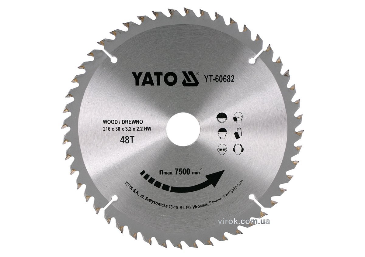 YATO Диск пиляльний победітовий по дереву YATO: 216х30х3.2х2.2 мм, 48 зубців, R.P.M до 7500 1/хв  | 