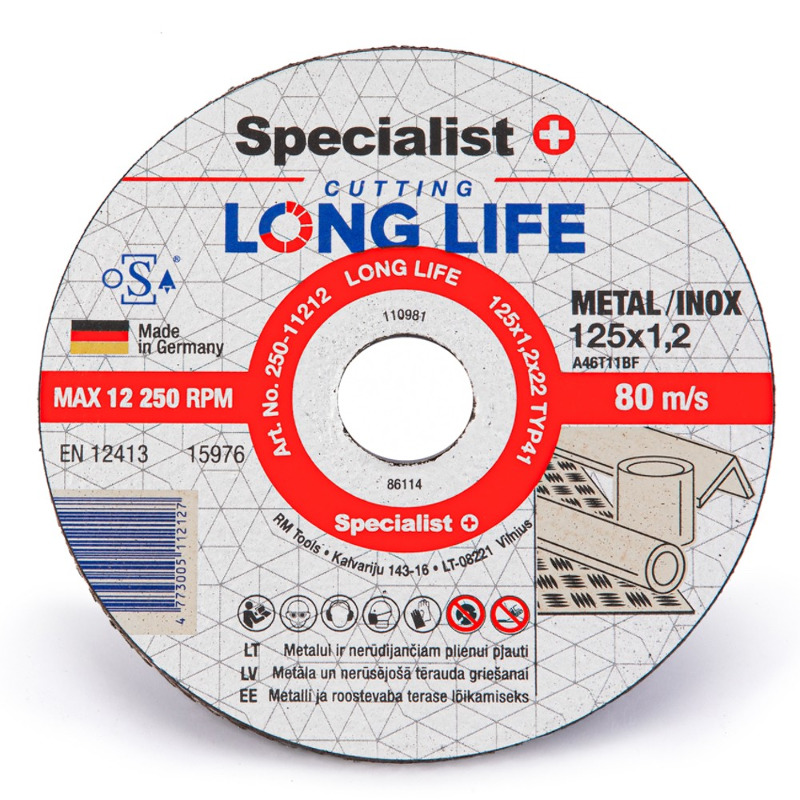 Specialist+ Диск абразивний відрізний по металу/нержавіючій сталі Specialist+ LONG LIFE 125x1,2x22  