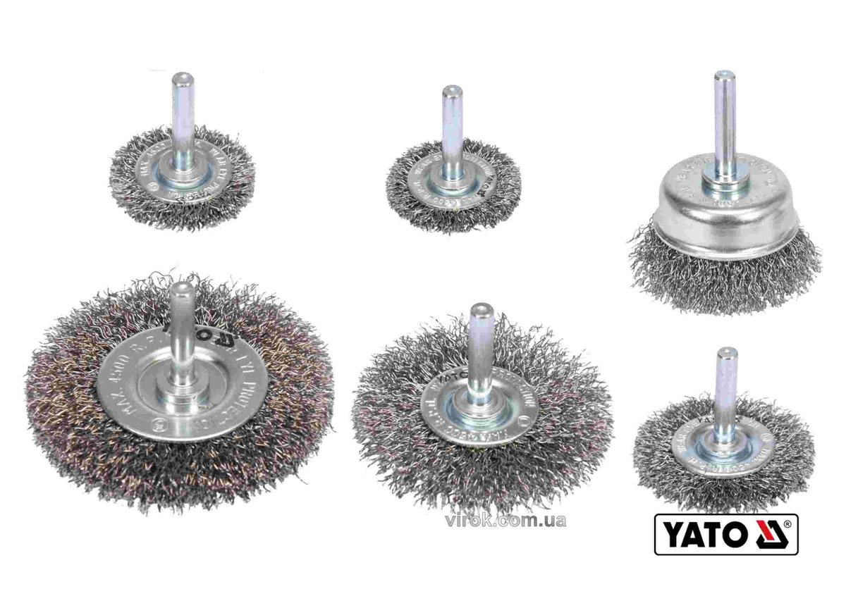 YATO Щітки зачисні з нержавіючої сталі YATO: Ø=37, 50, 62, 75 мм, шпиндель Ø=6мм, 4500 об/хв, 6 шт  