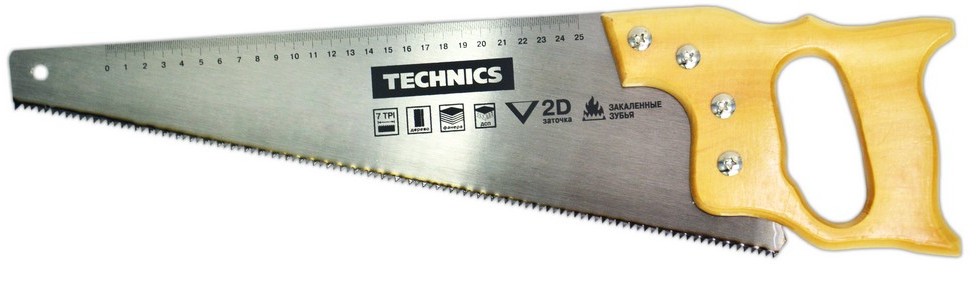 41-062 Пилка по дереву, дерев'яна ручка, гартовані зубці, 500 мм, 7/1", 2D | Technics
