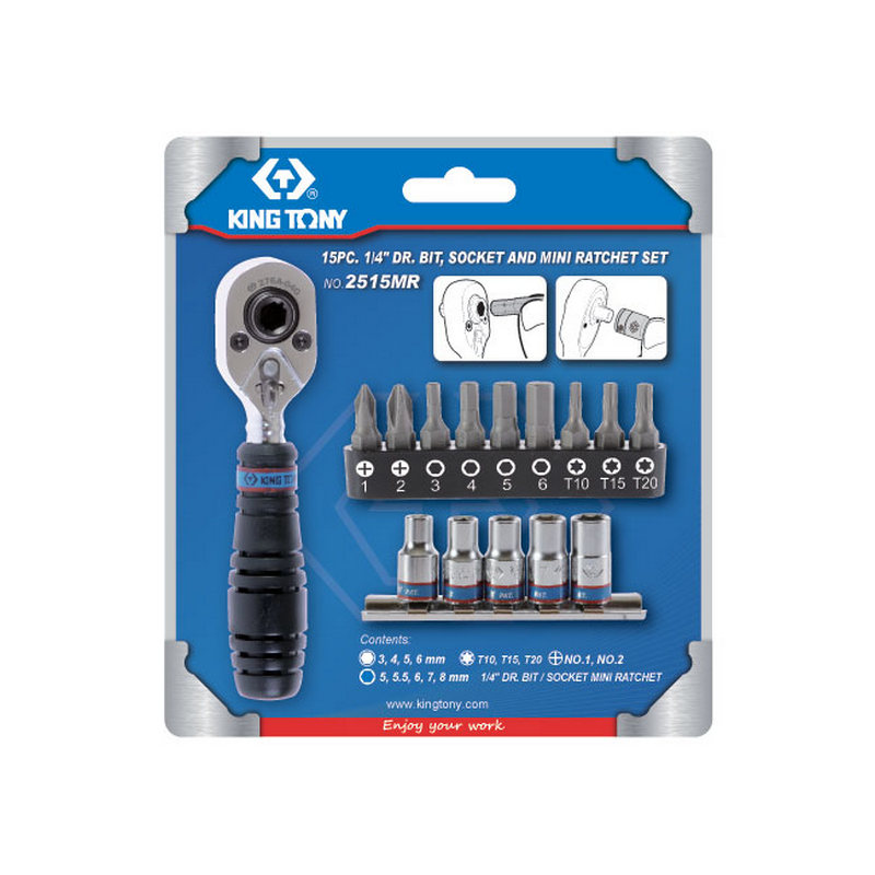 KING TONY Набор вставок (бит) и головок с трещоткой 1/4", TORX, HEX, PH, 15 предметов | 2515MR