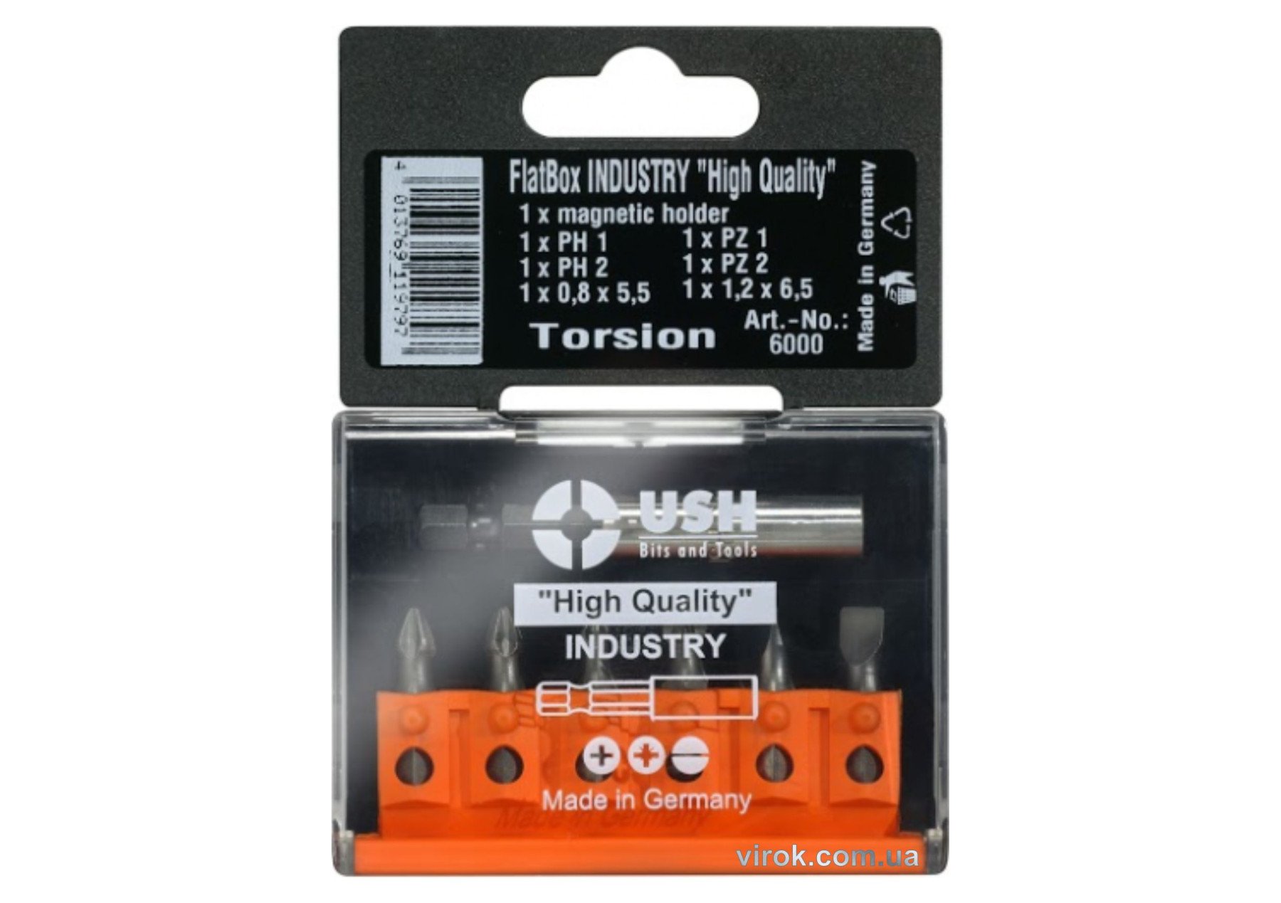USH Набір насадок викруткових INDUSTRY Flatbox PH1-2/PZ1-2/SL0,8-1,2, магнітний тримач, 6+1 елем. | 