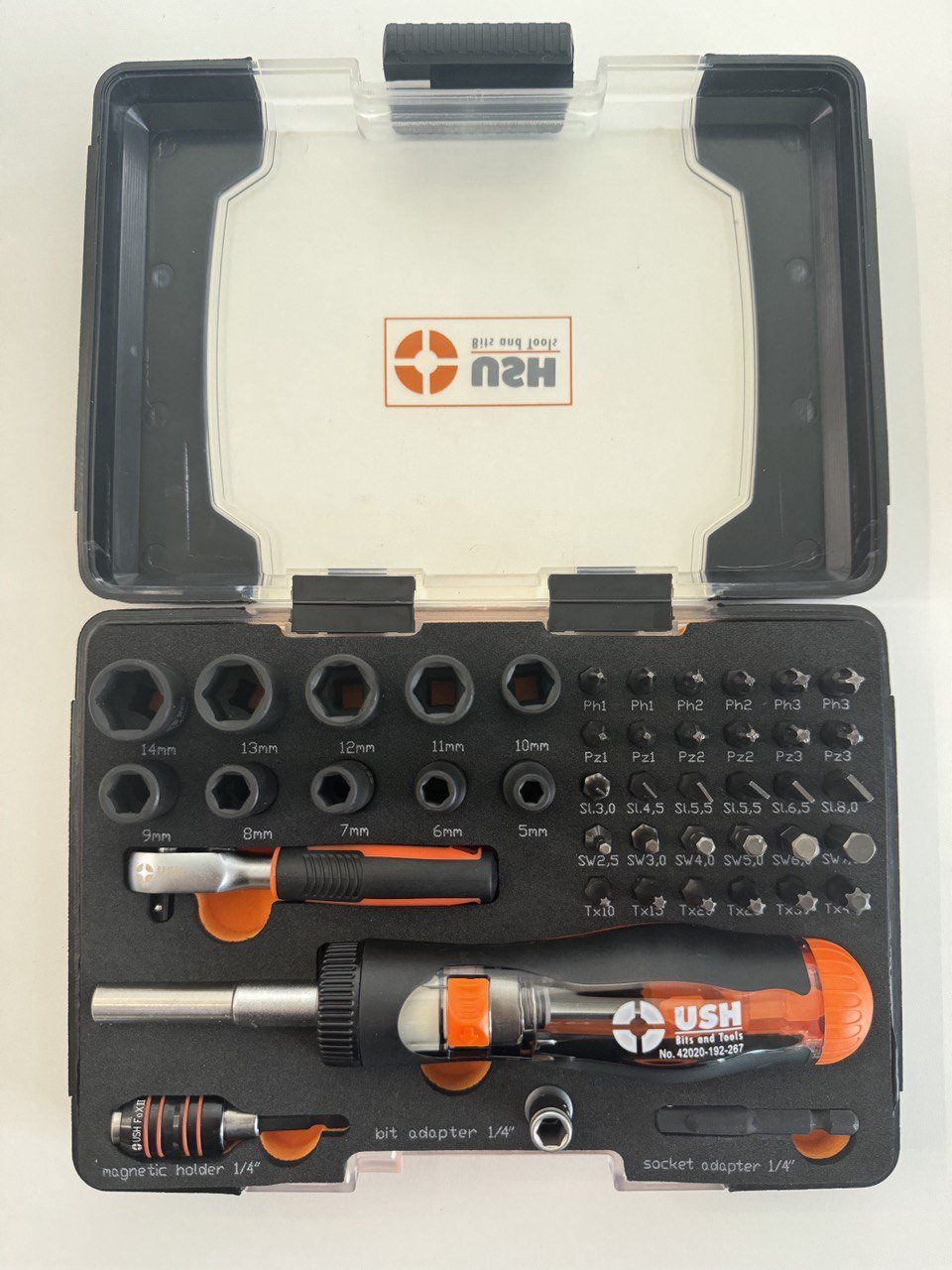 Насадки викруткові Industry USH: з магнітним тримачем, адаптерами, тріщаткою і викруткою 1/4", 45 ел