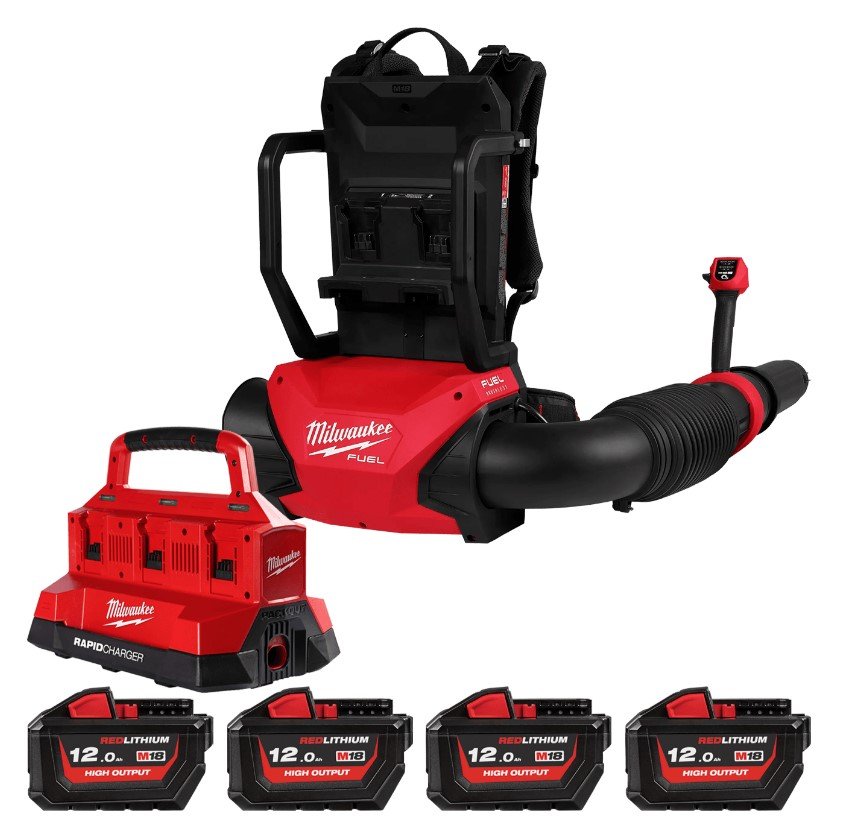 MILWAUKEE Повітродувка ранцева акумуляторна, M18 F2BPB-124 (+заряд.пр. на 6 акум., 4 акум.Х 12Аг)