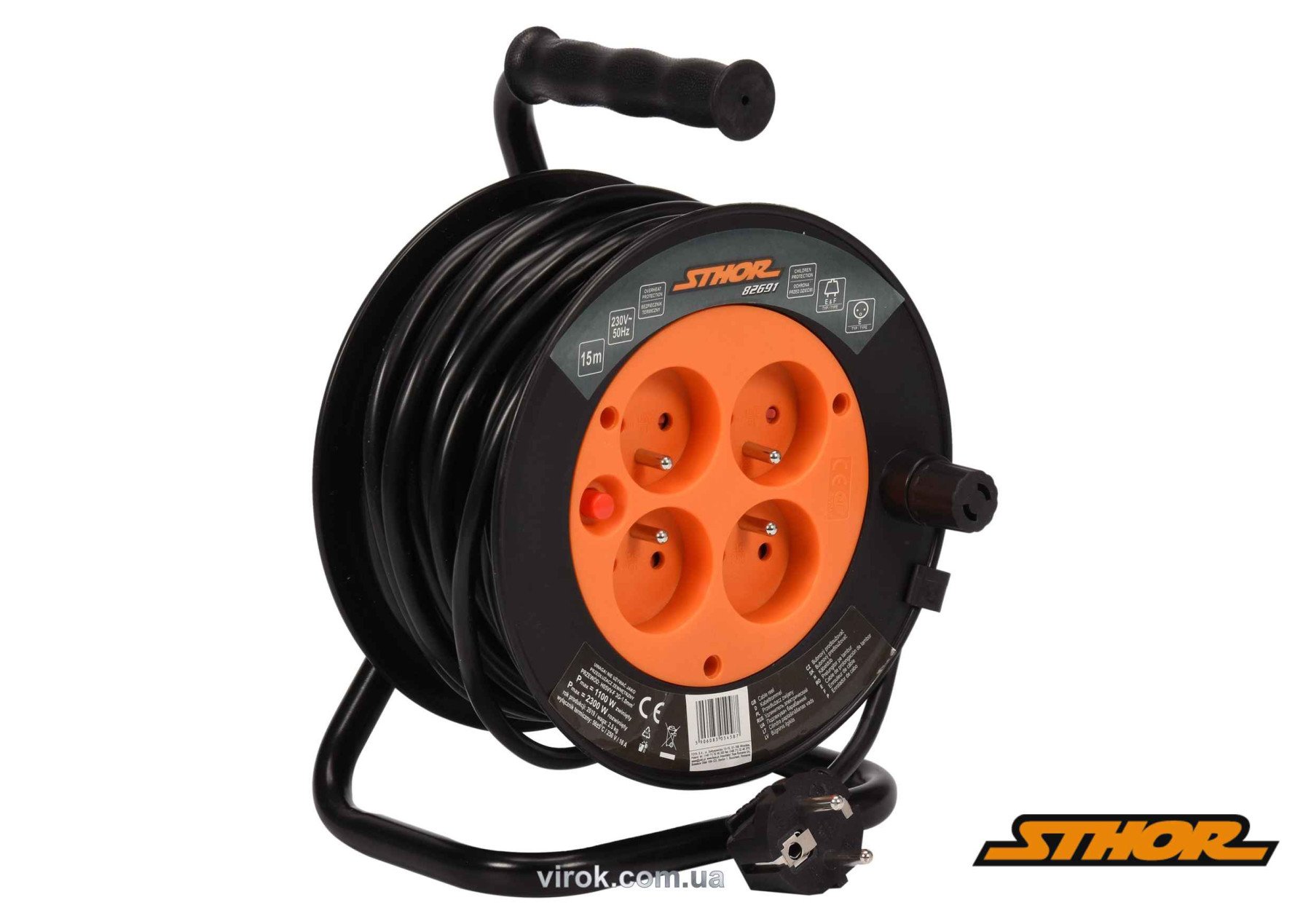 STHOR Подовжувач мережевий на котушці : l= 15 м, 4 гнізда, 3-жильний, Ø= 1 мм², IP44  | 82691