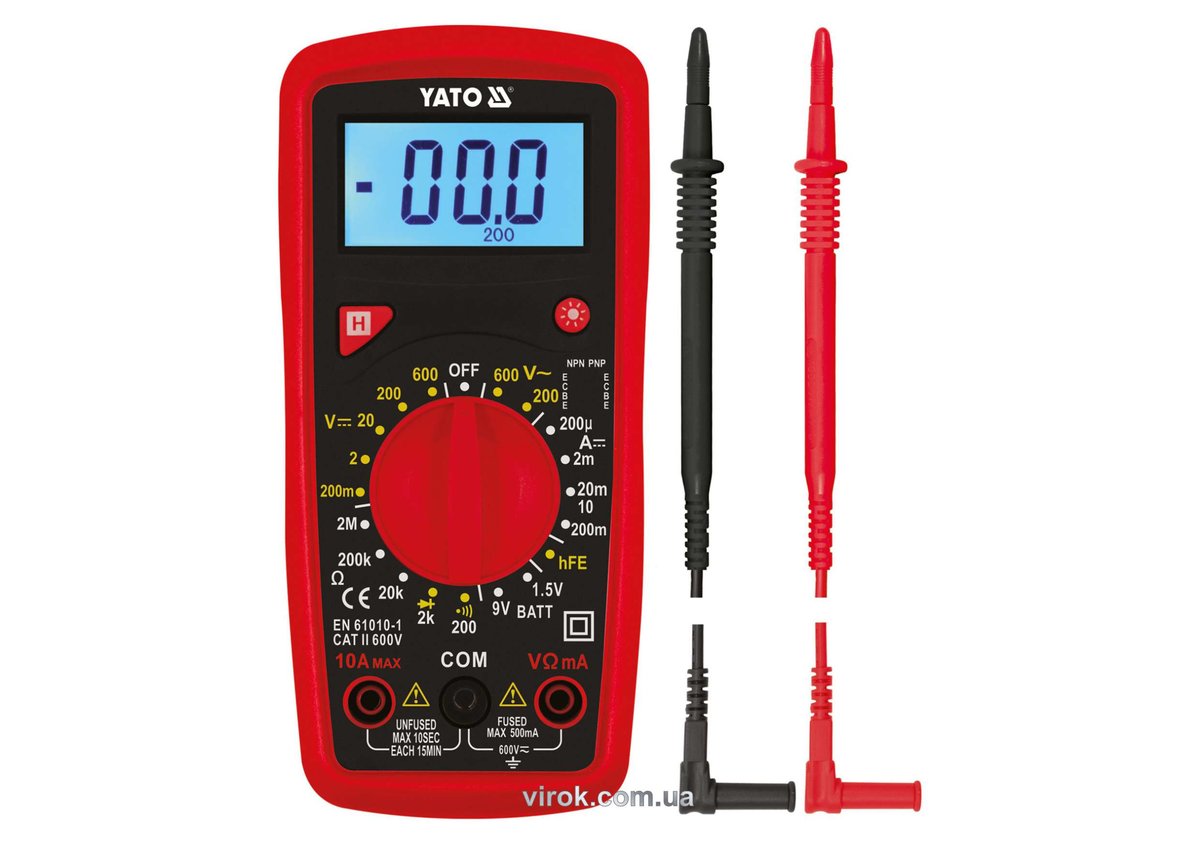 YATO Мультиметр для вимірювання електр. параметрів YATO з LCD-дисплеєм і провідниковими контактами  