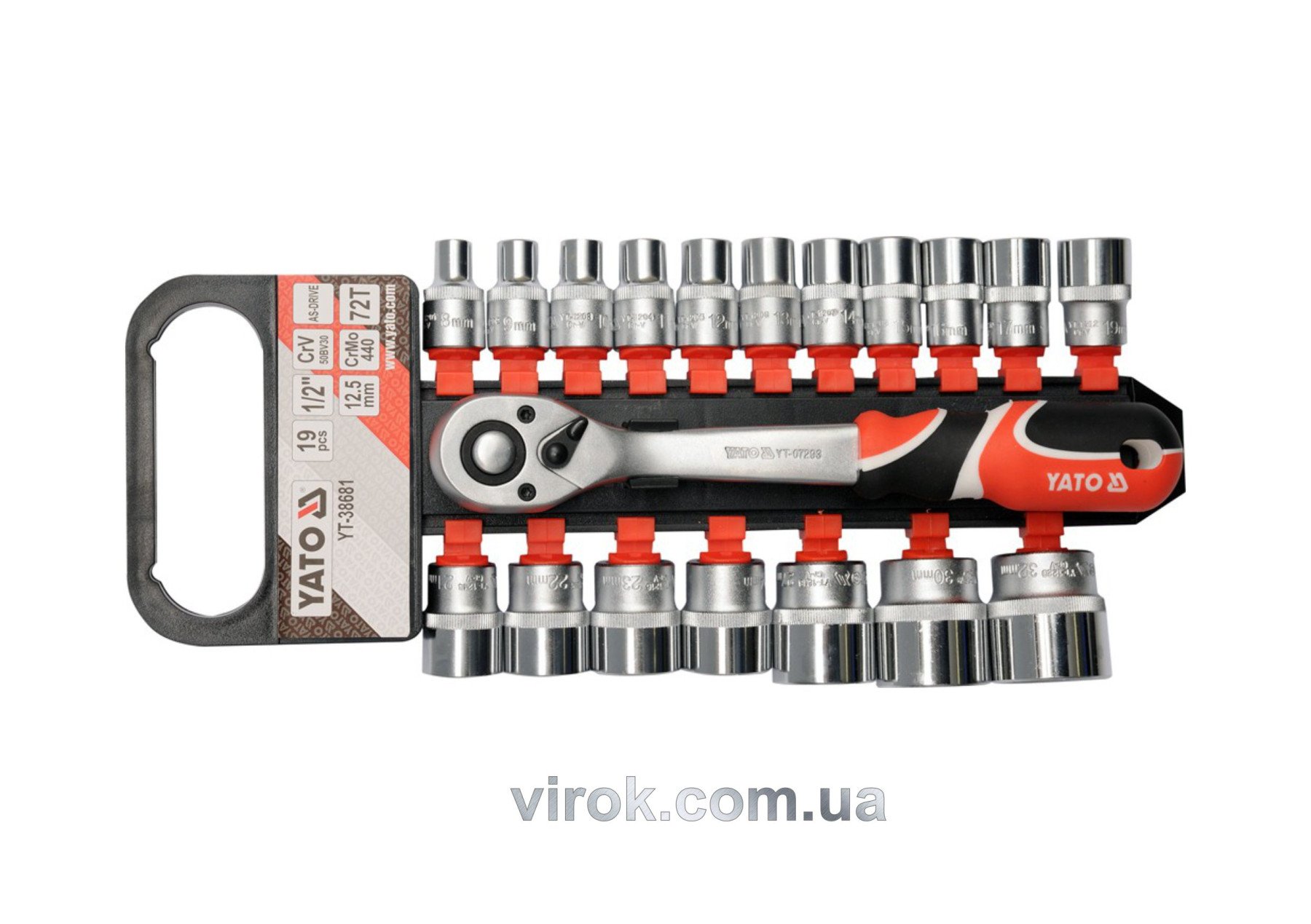 YATO Набір головок торцевих YATO : квадрат 1/2", М8-32 мм, L= 38 мм, з тріщаткою. 19 шт.  | YT-38681