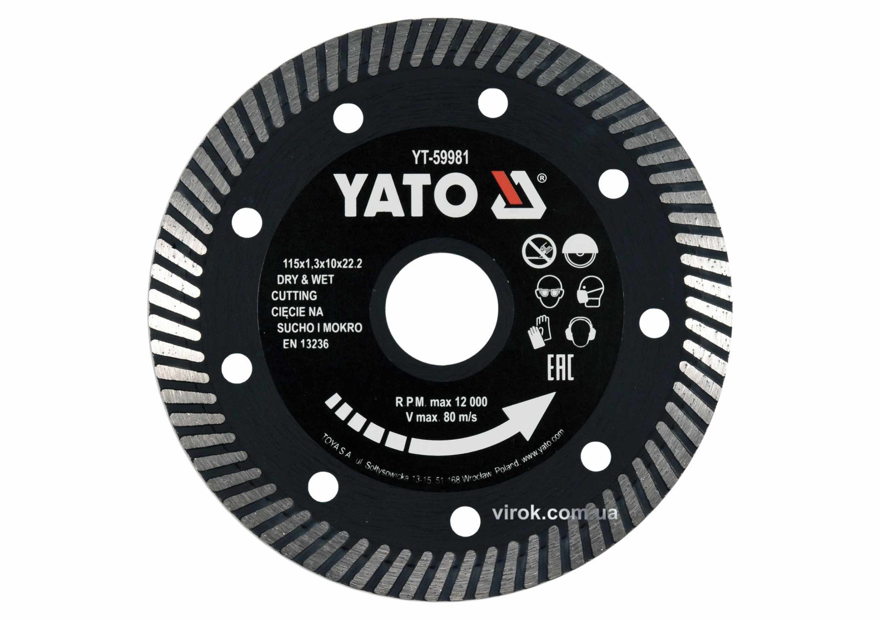 YATO Диск відрізний алмазний по гресу,кераміці "TURBO" YATO Ø=115x1.3x10x22.2мм,в мокрому і сухому р