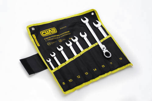 Набор ключей комбинированных с трещоткой и шарниром CrV в чехле 8, 10, 12, 13, 14, 15, 17, 19 (8шт) 