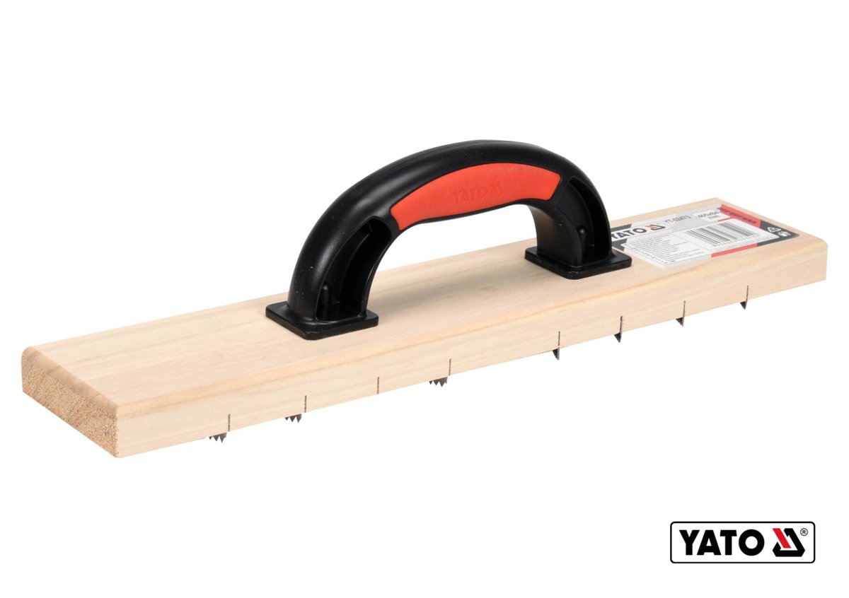 YATO Терка для зняття штукатурки дерев'яна з дрібними зубцями : 405 х 84 мм, пластикова ручка