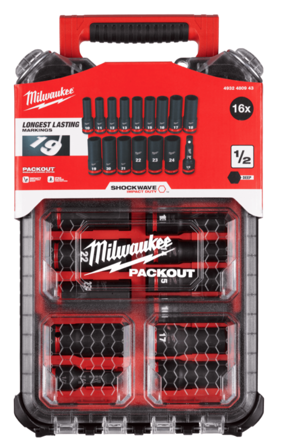 MILWAUKEE Набор ударных головок 1/2 SHOCKWAVE 16 предметов с органайзером PACKOUT | 4932480943