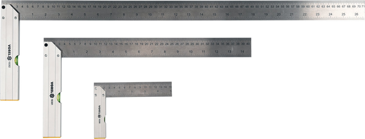 VOREL Кутники з рівнем : L=150/400/700 мм, метрична і дюймова шкали, алюміній+сталь, 3 шт  | 18390