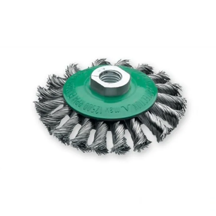 Щетка коническая 100хМ14х2.0мм, нерж. проволока 0.35 мм, Z18 жгутов, 12500 об / мин LESSMANN