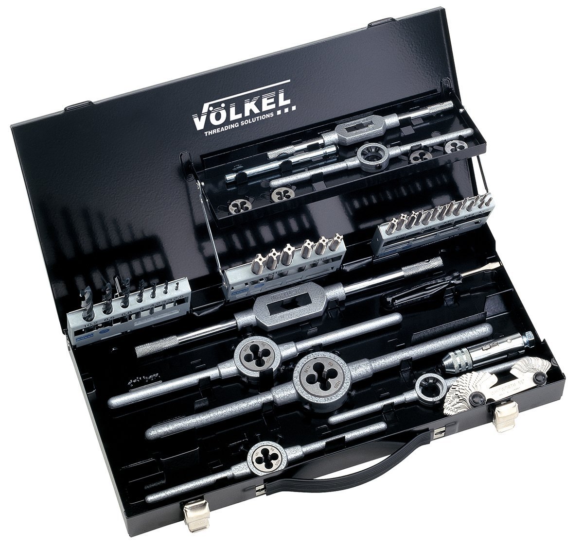 VÖLKEL Набір мітчиків, плашок та свердел М 3-12 + тримачі; HSS-E; ліве різьблення, 43 предмети 49171