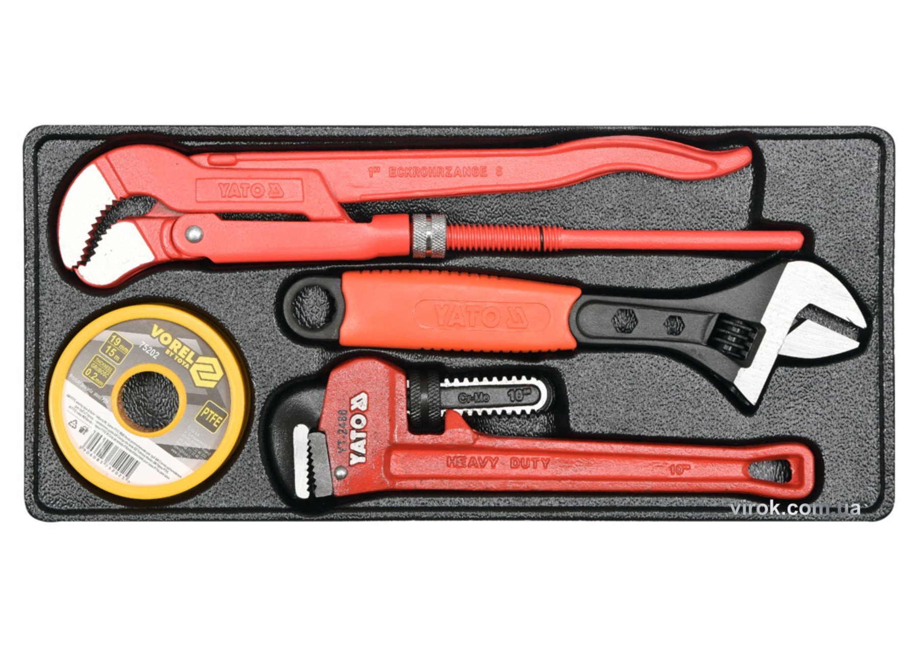 YATO Вклад до інструментальної шафи YATO, з 2 трубними і 1 розвідним ключами, тефлонова стрічка, 4 е