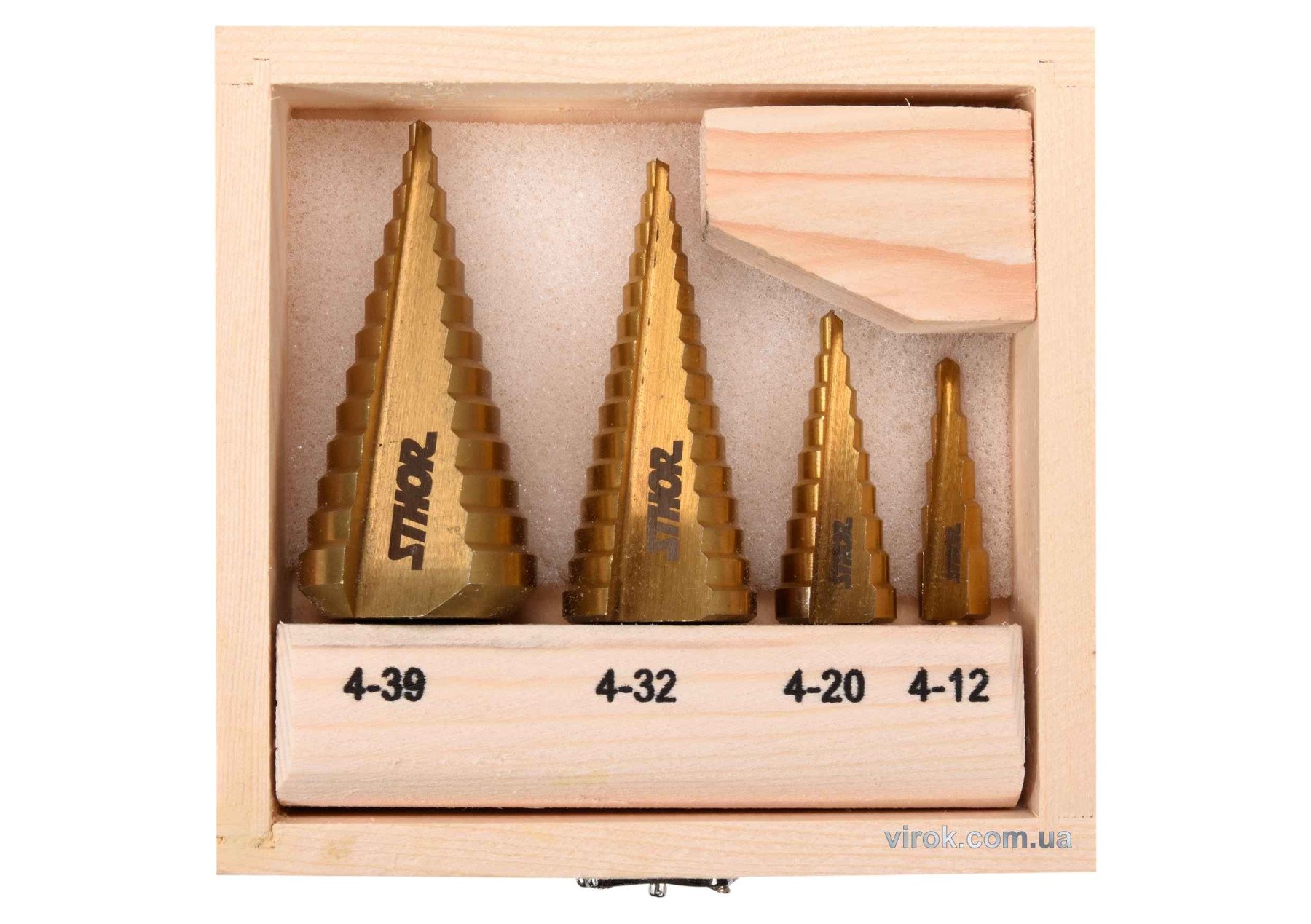 STHOR Свердла конічні ступінчасті титанові по металу : Ø=4-39мм, HSS 4241, 4шт. в дерев. футлярі  | 