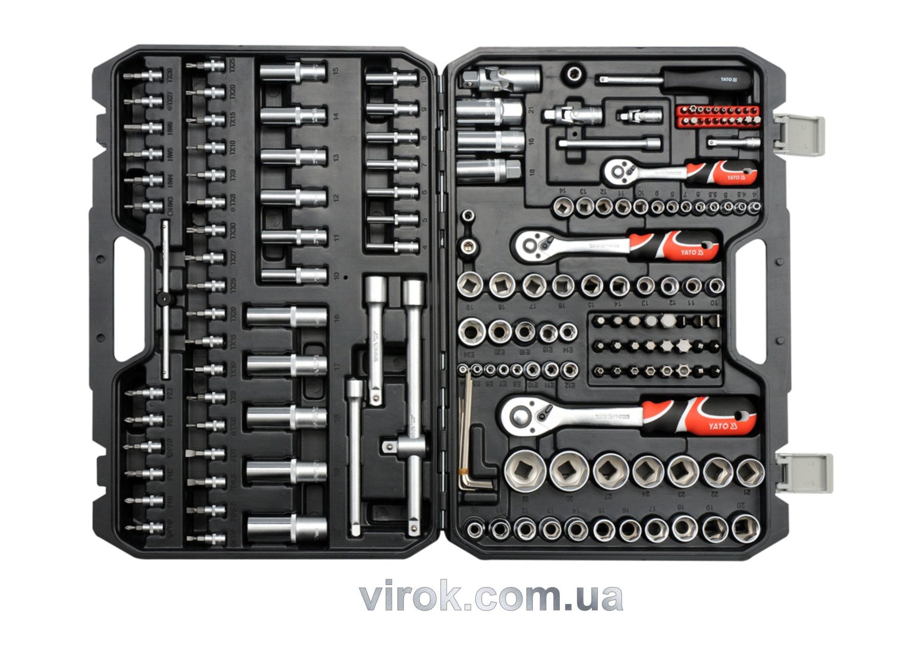 YATO Набір головок торцевих YATO : квадрат 1/2", 3/8", 1/4" з інстр-ми, насадки викруткові. 173 шт. 