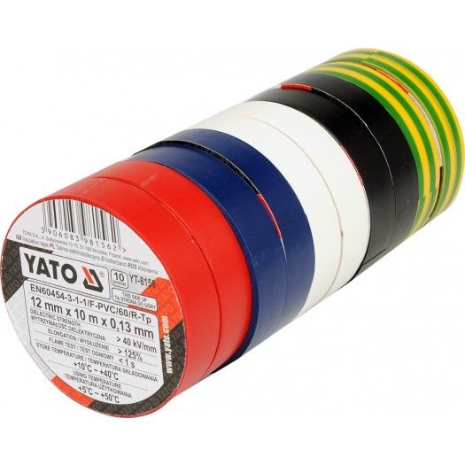 YATO Стрічка ізоляційна різнокольрова YATO : 12 мм х 10 м, 5 кольорів, Уп. 10 Рул.  | YT-8156