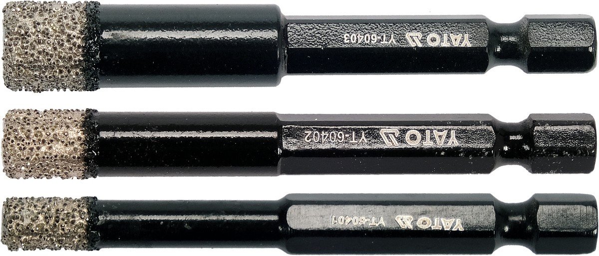 YATO Свердла з алмазним пругом YATO, 3 шт. Ø= 6-8-10 мм, l= 65/10 мм, з 6-гран. шпинделем- 1/4"  | Y