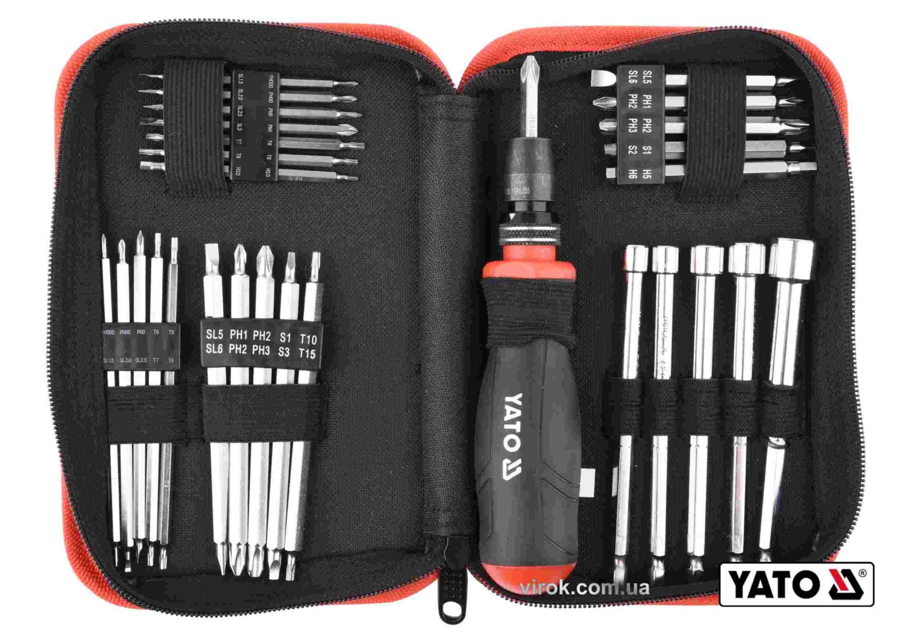 YATO Викрутка реверсивна з набором біт YATO : HEX-1/4", CrV, 28 шт + чохол  | YT-27940