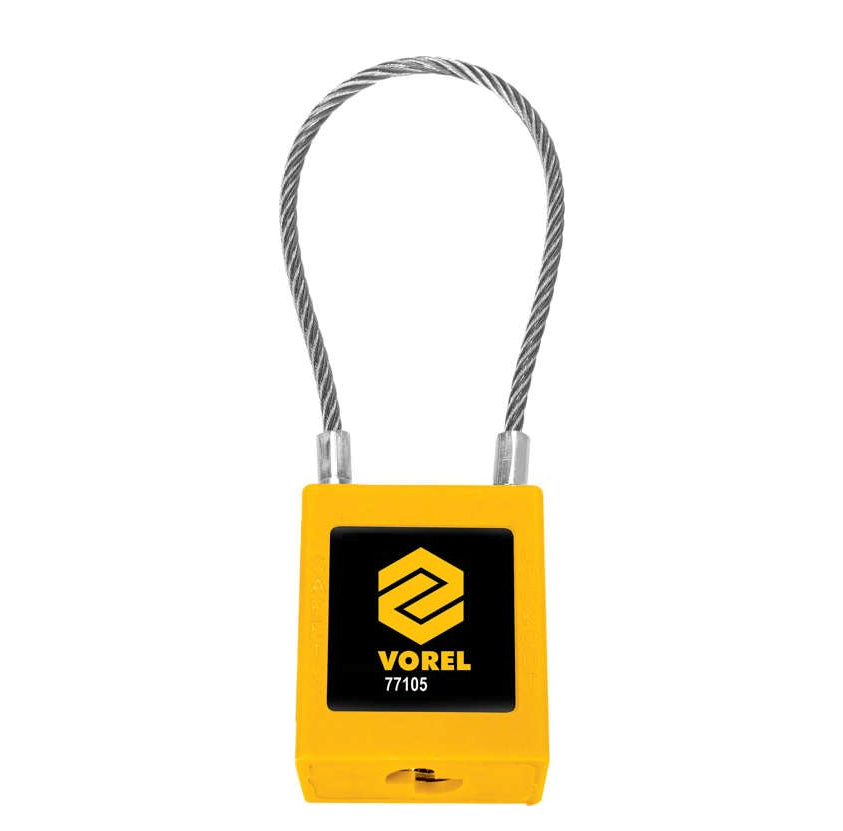 VOREL Замок навісний з тросов. дугою Ø= 3,2мм, l= 175мм, 2 ключі, корпус покрит нейлоном- 40х20х45мм