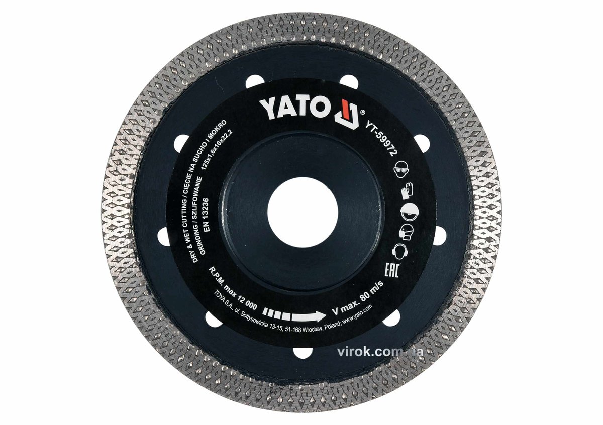 YATO Диск відрізний алмазний Ø= 125x1.6x10x22.2 мм по гресу, склу, кераміці. мокрий/сухий різ