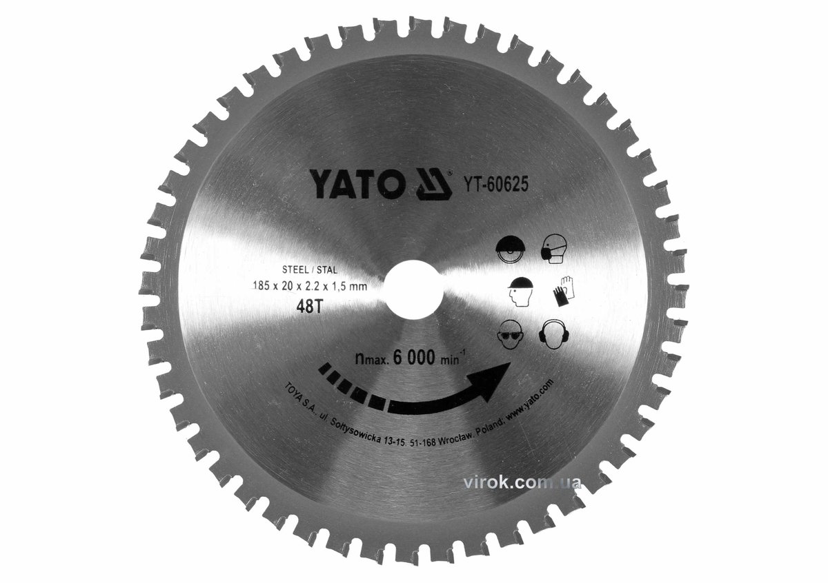 YATO Диск пиляльний по металу YATO: Ø= 185x2.2x20 мм, 48 зубців, R.P.M до 6000 1/хв  | YT-60625