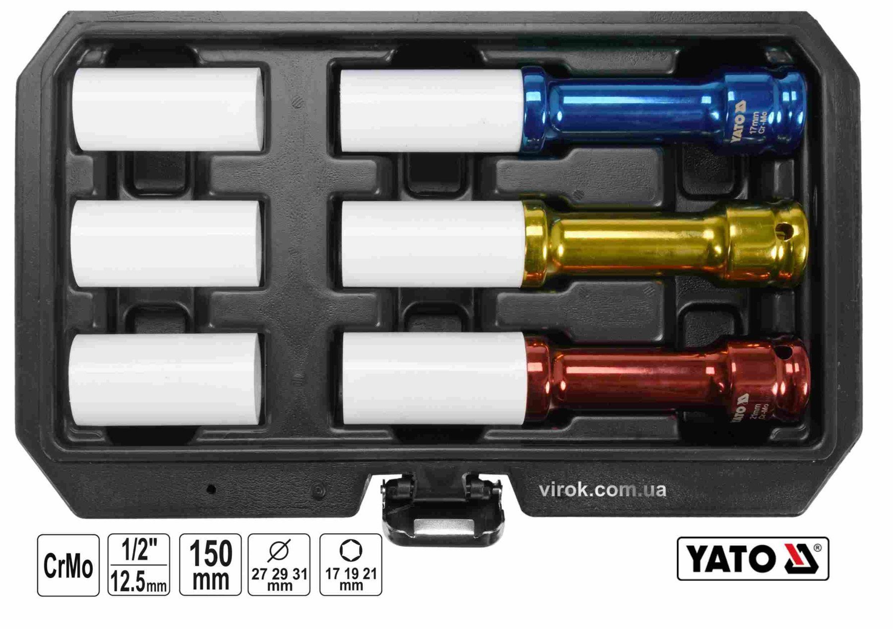 YATO Головки торцеві ударні YATO : квадрат- 1/2", М17,19,21мм l=150мм, Cr-Mo, для алюм. дисків 6 Од.