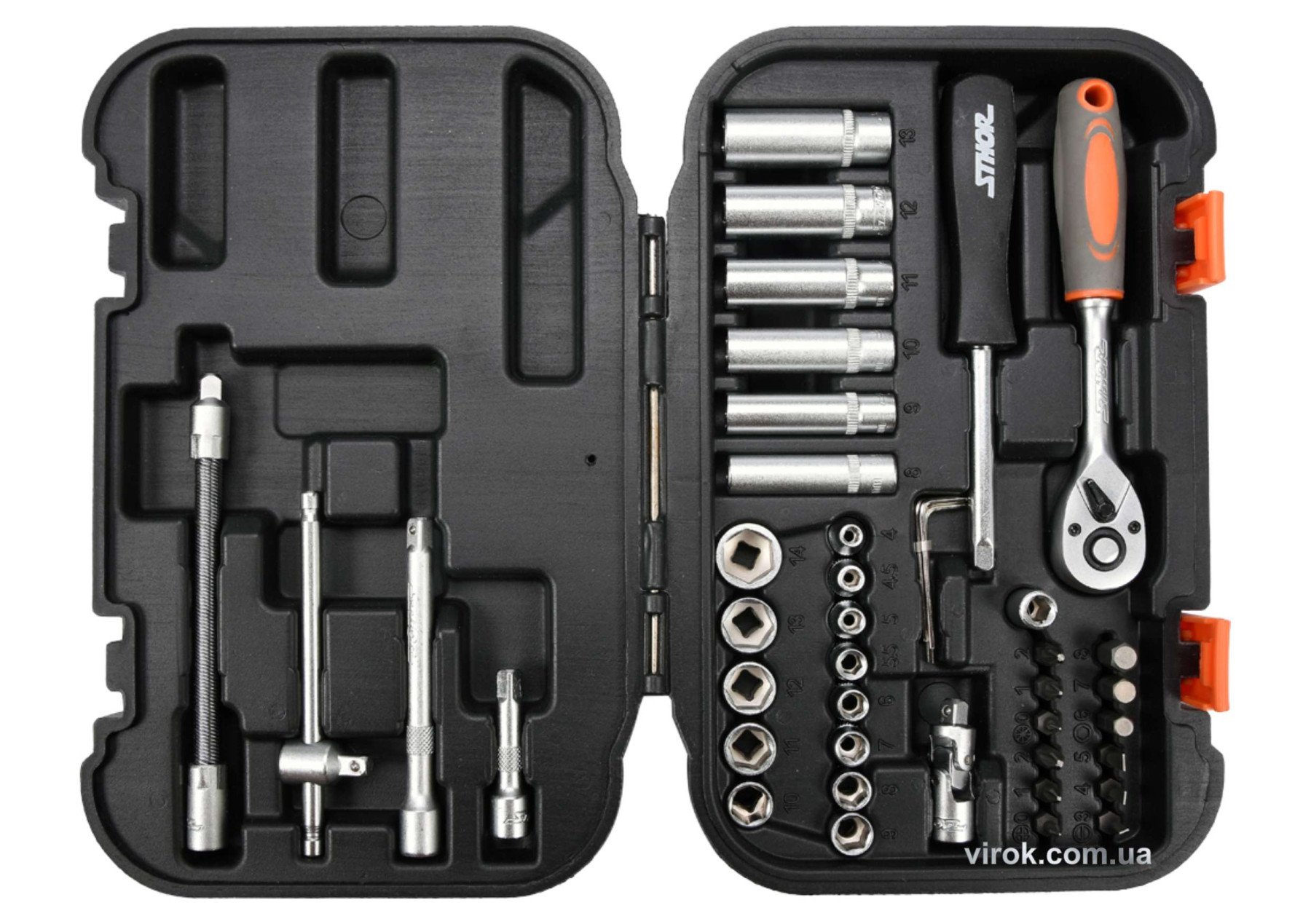 STHOR Набір головок торцевих, насадок : квадрат 1/4", М4-14 мм. з інструментами  | 58641