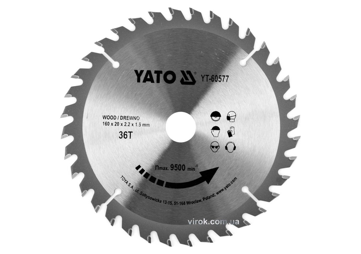 YATO Диск пиляльний победітовий по дереву: 160x20x2.2x1.5 мм, 36 зубців, R.P.M до 9500 1/хв