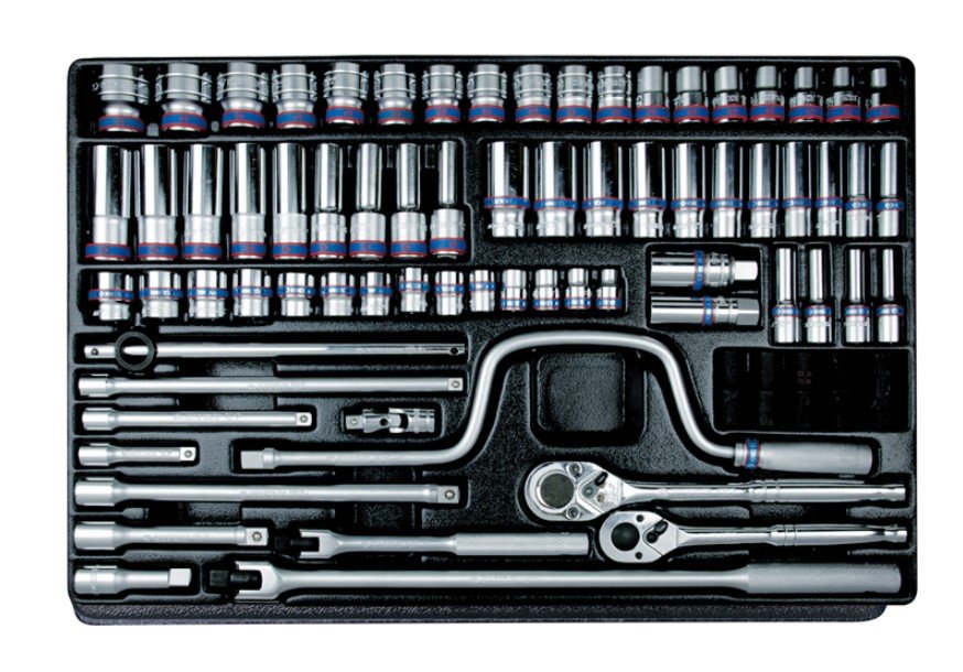 KING TONY Набор торцевых головок 76 шт. 3/8 "+1/2" DR. в ложементе с воротками | 9-7576MR
