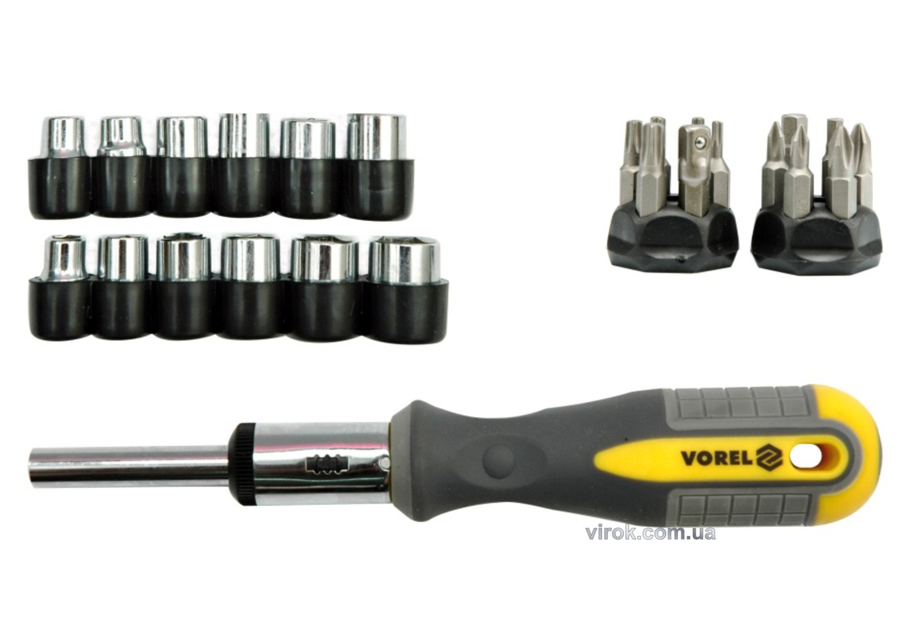VOREL Викрутка з тріщаткою, торцевими головками і викрутковими насадками, набір 29 шт.  | 60975