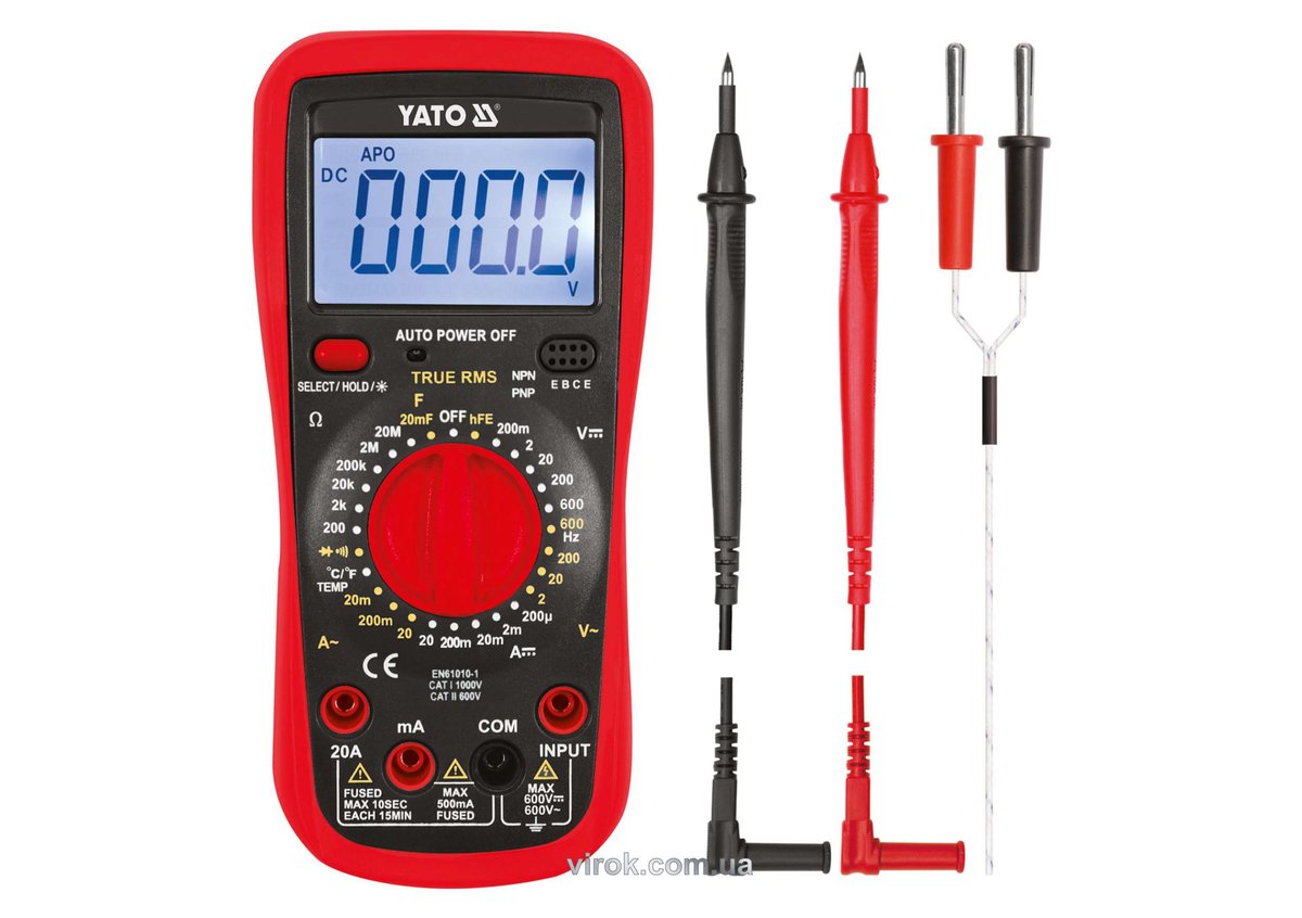 YATO Мультиметр для вимірювання електричних параметрів з LCD-дисплеєм і провідниковими контактами