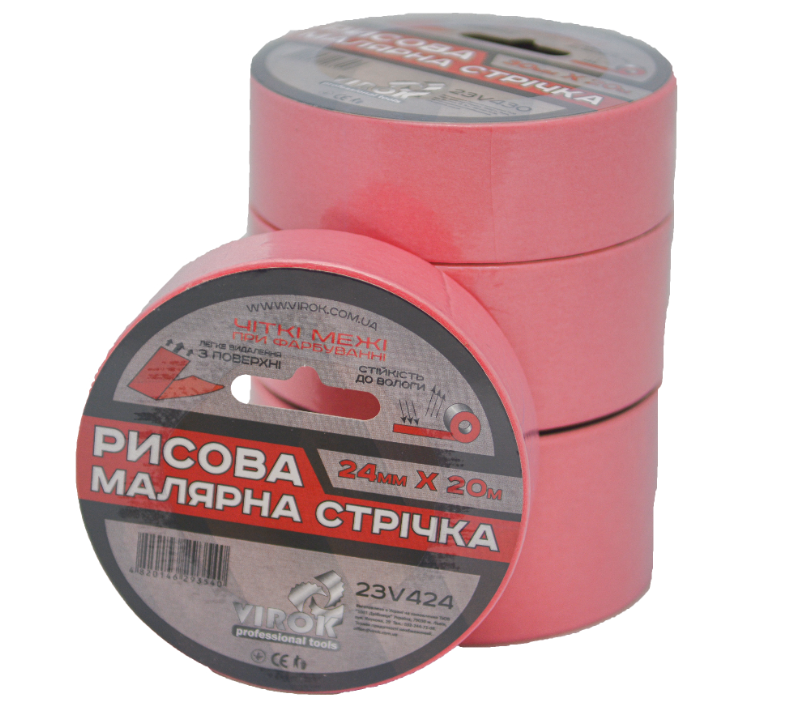 VIROK Малярна стрічка рисова 24мм х 20 м.(Гідростійка/ ідеальний край для фарбування). рожева  | 23V