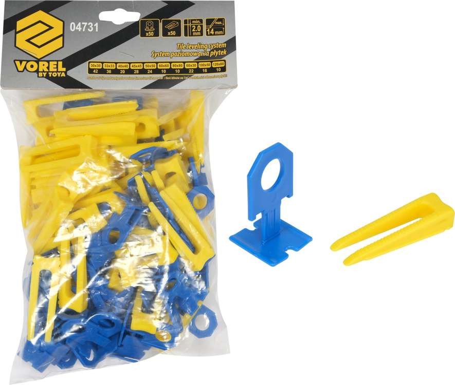 VOREL Кліпси і клини для викладання керамічної плитки : 2 мм, t≤ 14 мм. 50 + 50 шт.  | 04731