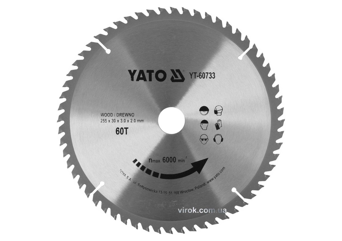 YATO Диск пиляльний победітовий по дереву: 255x30x3.0x2.0 мм, 60 зубців, R.P.M до 6000 1/хв