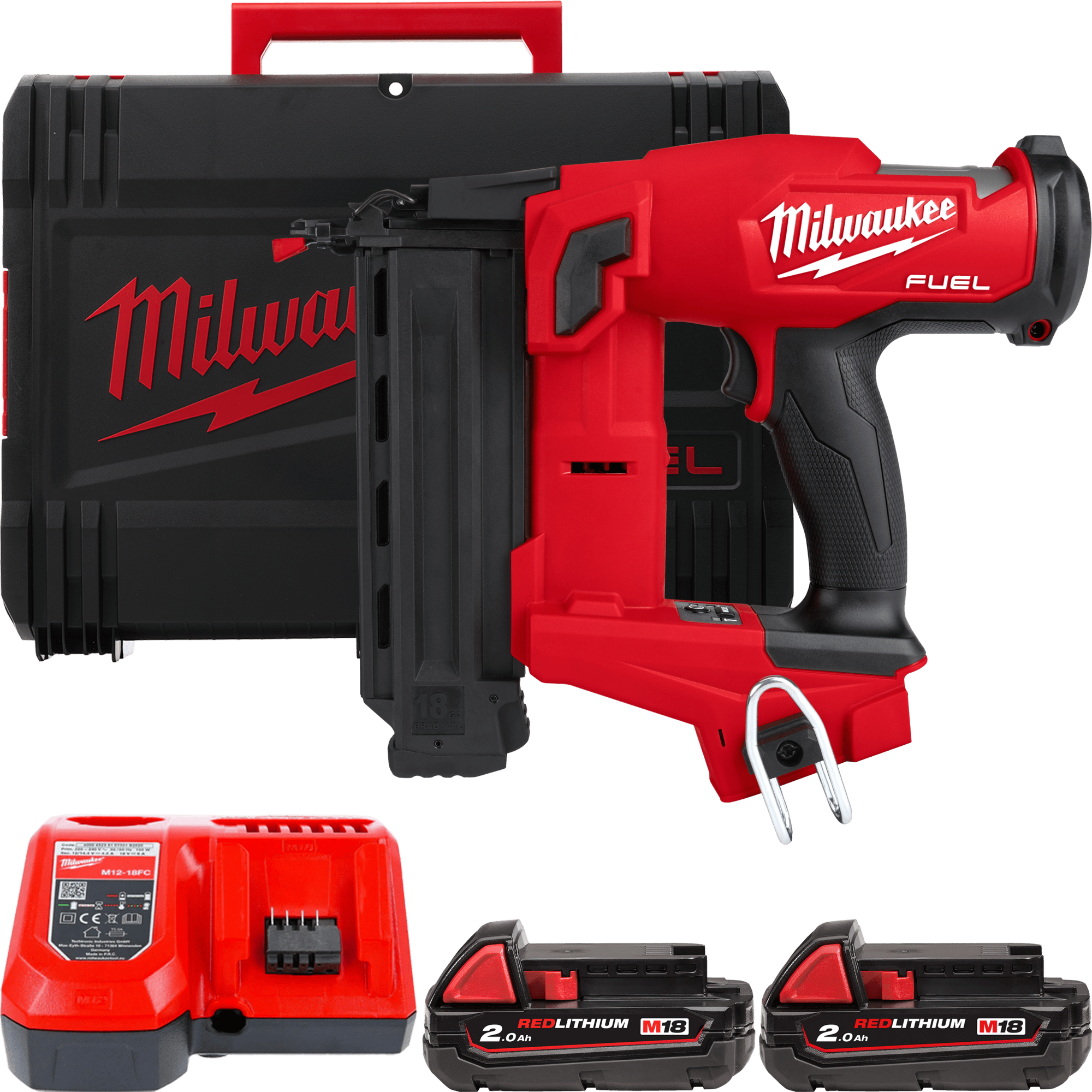 MILWAUKEE Аккумуляторный гвоздезабиватель M18 FN18GS-202X Прямой магазин; 2 аккумулятора; з/у; HD ке