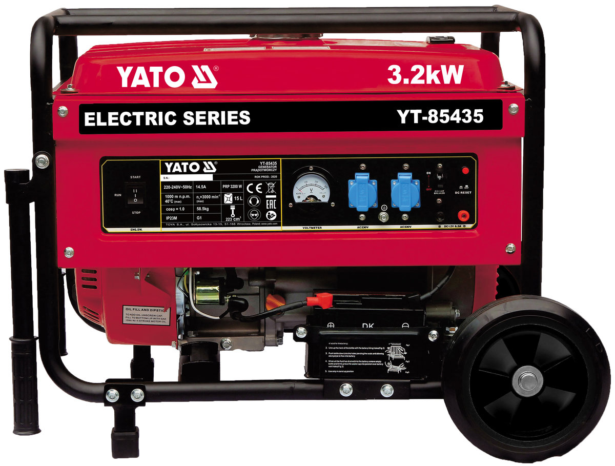 YATO Генератор струму бензиновий YATO: P= 3.2 кВт, U= 230V AC і 12V DC, витрата- 1.45 л/г, бак- 15 л