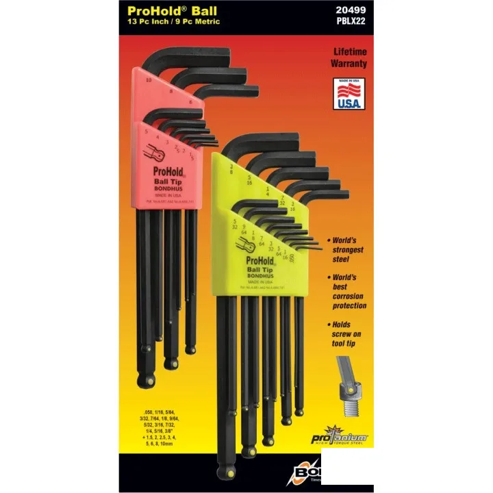 Набор ключей BONDHUS шестигранных 22 шт. .050-3/8 + 1.5-10 мм, серия ProHold, сферич., ІP.