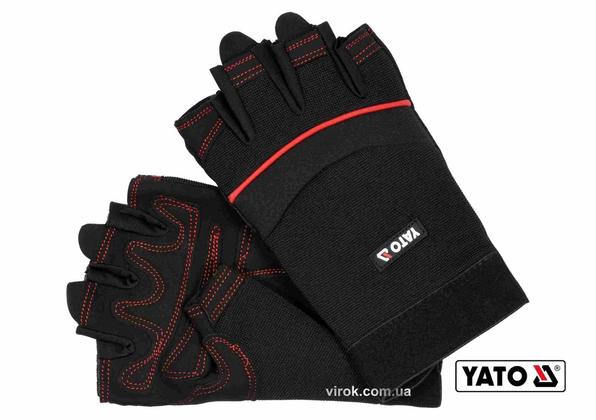 YATO Рукавиці робочі чорні з відкритими пальцями : штучна шкіра + синтетична тканина, розмір 10