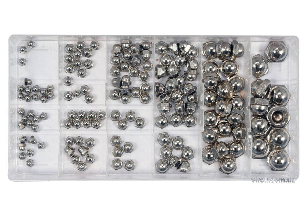 YATO Гайки М3- М10 YATO : замкнуті півсферичні, пластикова коробка; наб. 150 шт.  | YT-06775