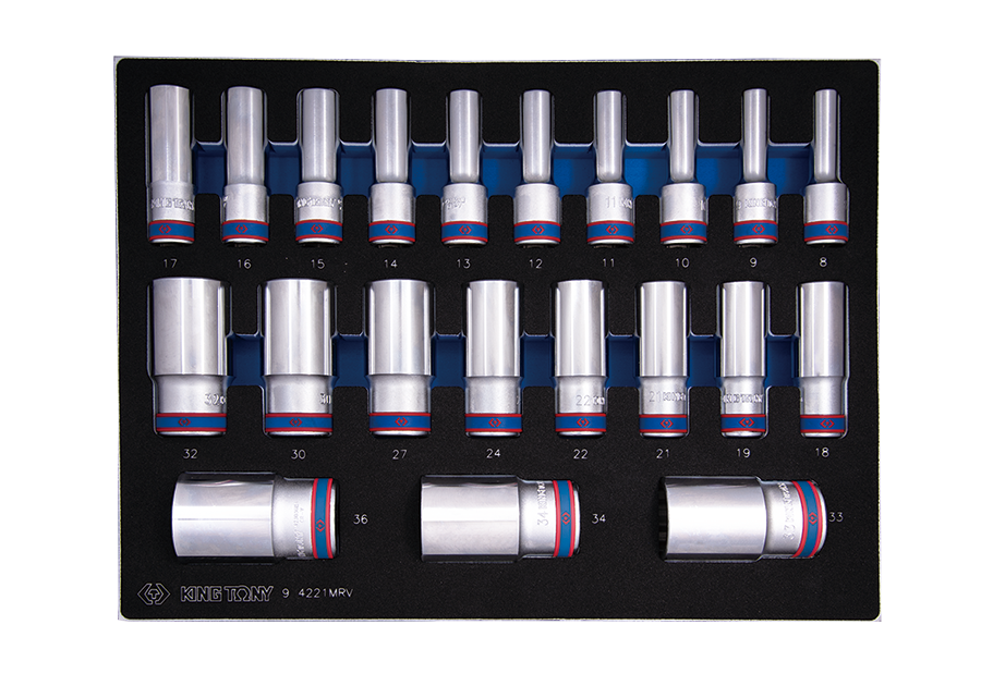 KING TONY Набор торцевых головок 1/2" 12 гранн длинных 21ед (08-36mm) EVA | 9-4221MRV