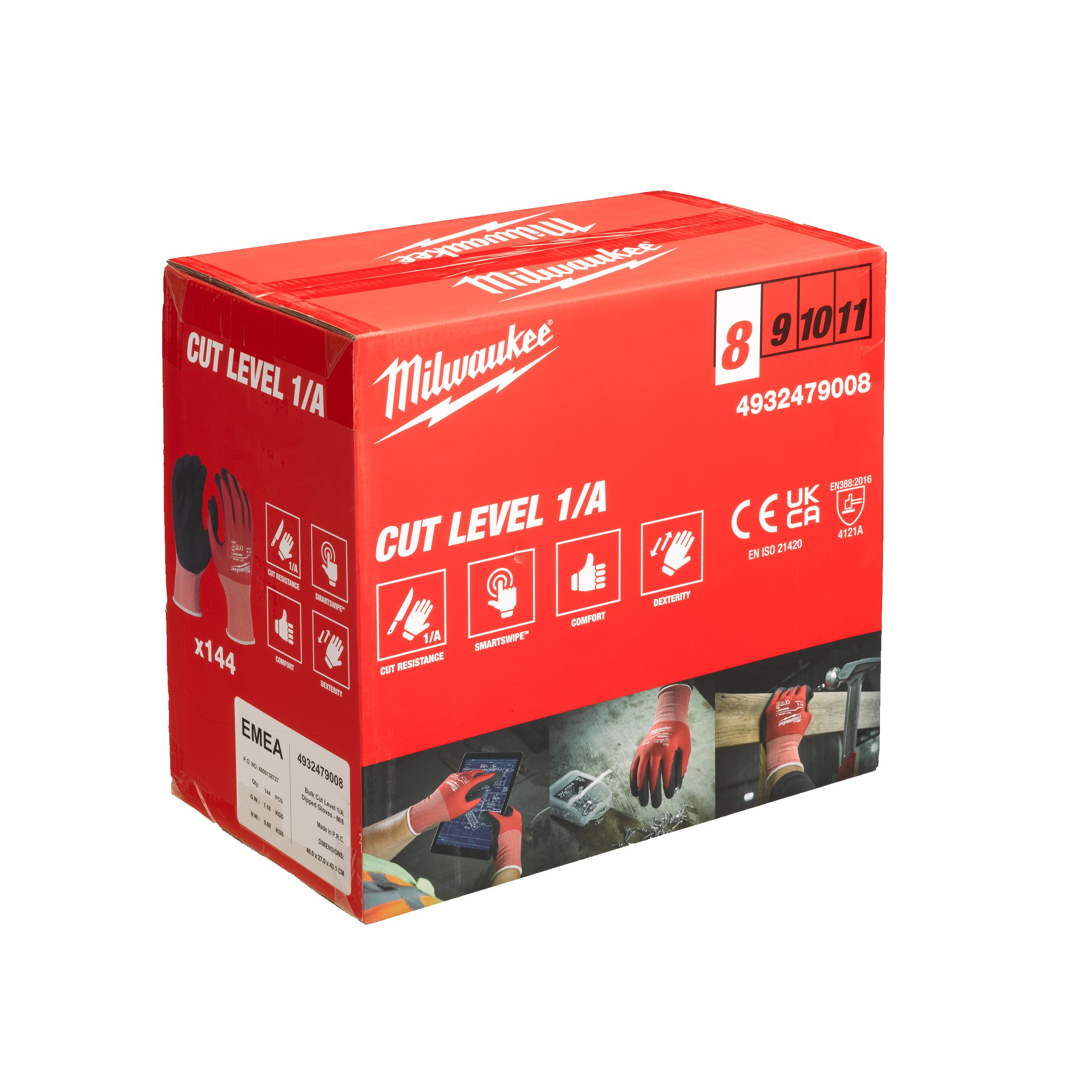 MILWAUKEE Перчатки защитные Cut level (Кат Левел) 6/F, 10/XL (12 пар) | 4932492048