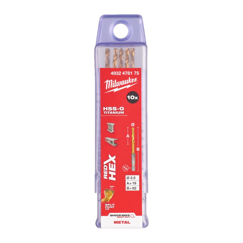 MILWAUKEE Свердло по металу RedHEX HSS-G TiN , Ø2,5мм, (10шт) | 4932478175