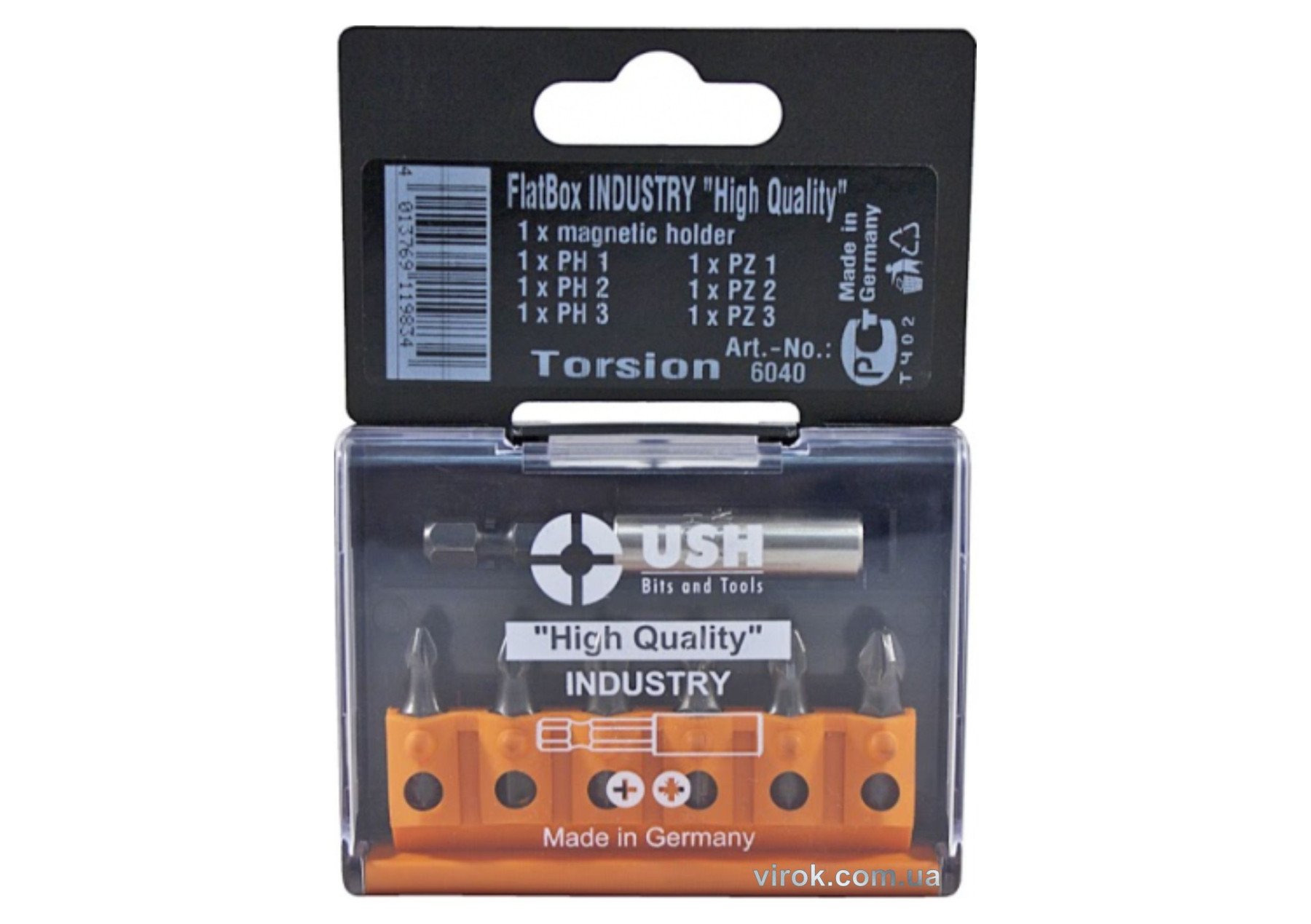 USH Набір насадок викруткових INDUSTRY Flatbox PH1-2-3-PZ1-2-3, магнітний тримач, 6+1 елем. | U00060