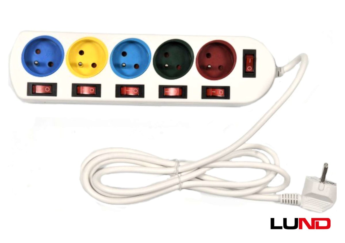 LUND Подовжувач мережевий : L= 2 м, 5 гнізд з 5 вимикачами, 3-жильний Ø=1 мм², з заземленням  | 7246