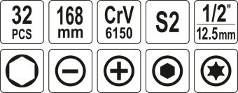 YATO Викрутка реверсивна ударна YATO L= 168 мм, з викрутковими насадками і головками, 32 елем. в фут