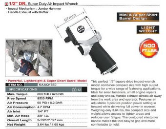 Гайковерт для шиномонтажа пневматический TOPTUL 1/2" 678 Nm 9500об/мин супер-короткий KAAQ1650