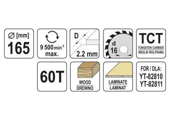YATO Диск пиляльний победітовий по дереву YATO: 165x16x2.2x1.5 мм, 60 зубців, R.P.M до 9500 1/хв  | 